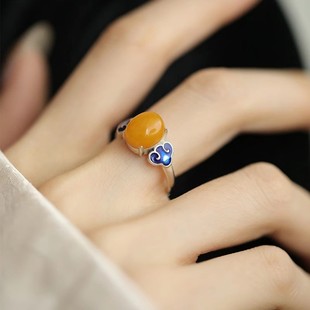 925银复古新中式碧玉蛋面珐琅戒指女国风个性玉石南红蜜蜡食指戒