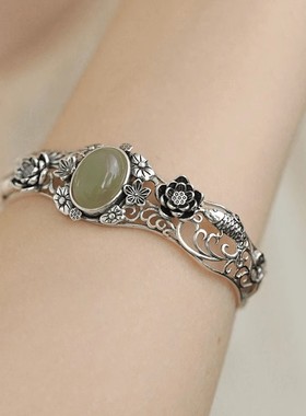 925银复古新中式荷花手镯子和田玉蛋面做旧开口调节锦鲤戏莲小众