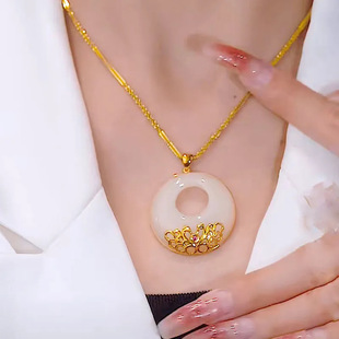 古风仿天然和田玉平安扣吊坠金镶玉平安锁项链玉石玉坠送妈妈礼物