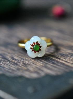 天然和田白玉花朵戒指纯银