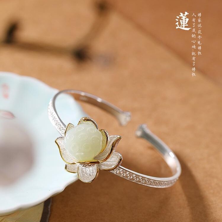 天然和田玉莲花952纯银手镯女古风汉服旗袍饰品民族风开口玉镯子