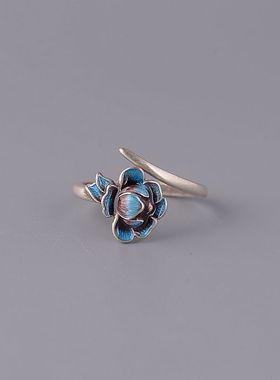 民族风小众设计复古泰银宫廷珐琅低温烧蓝莲花戒指个性创意精致戒