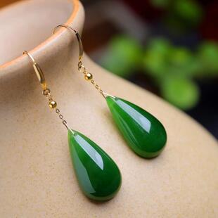 天然和田碧玉水滴形耳环女耳坠925银镶嵌菠菜绿碧玉旗袍汉服耳饰