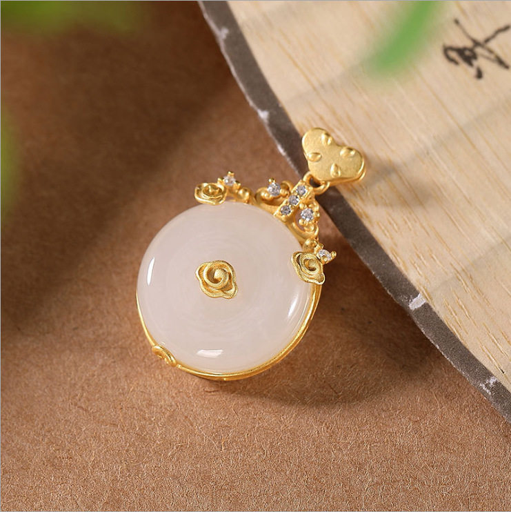 祥云如意镀S925银古法金和田玉抖音网红款平安扣女士项链吊坠挂坠