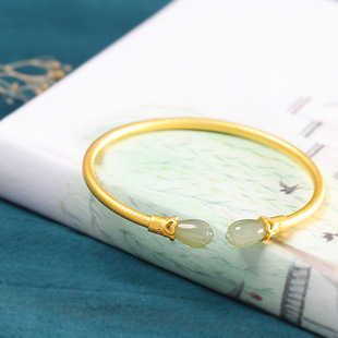 古法金纯银和田玉白碧南红手镯女古风汉服玉兰花镯子七夕节送女友