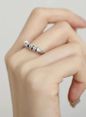 925银复古新中式唐草纹路路通转运珠戒指环六字真言开口调节百搭