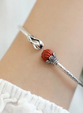 复古新中式民族风925银南红好事莲莲手镯女款高级感大气手环手饰