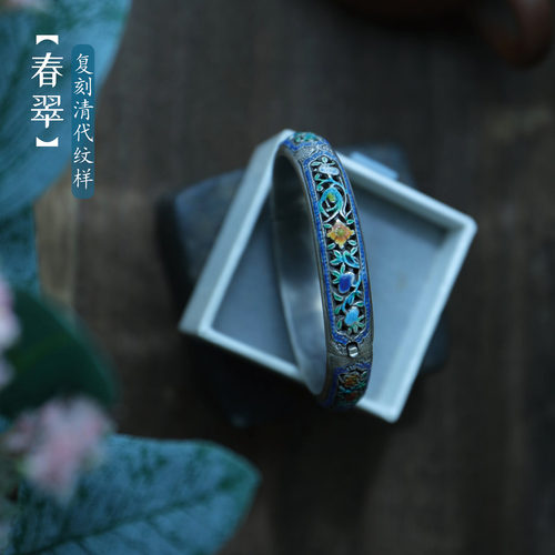 民族风复古法宽版烧蓝纯银手镯