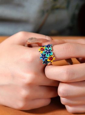 珐琅仿纯银戒指女繁花似锦花朵