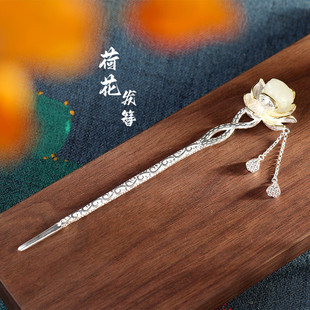S925银古风和田玉荷花发簪及笄礼钗子步摇流苏汉服盘发叉子百搭