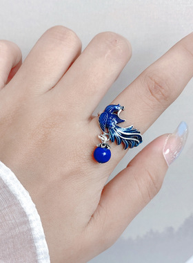 蓝凤凰流苏仿925纯银戒指活口女