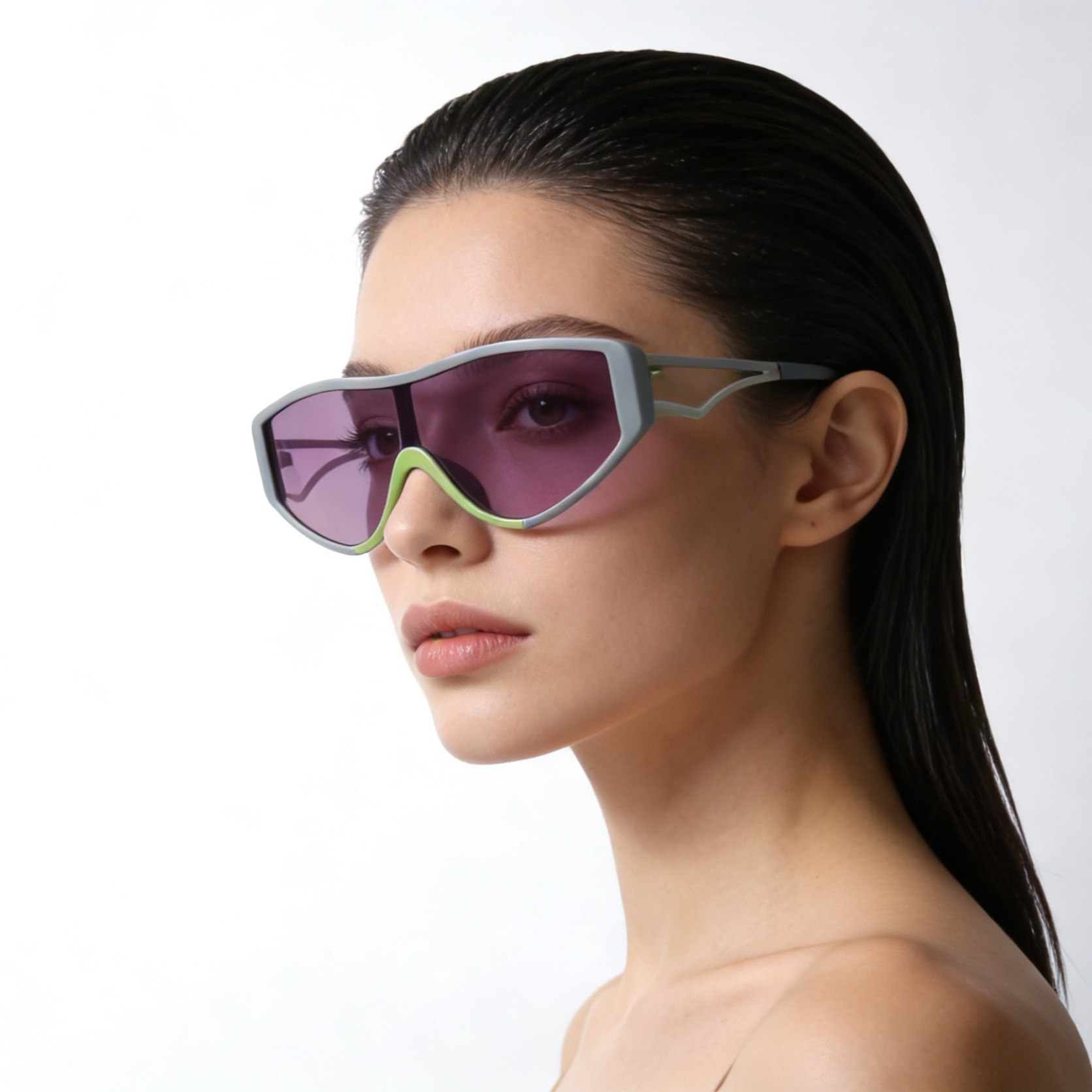 撞色设计连体一片式墨镜UV400防紫外线辐射荧光绿元素太阳眼镜