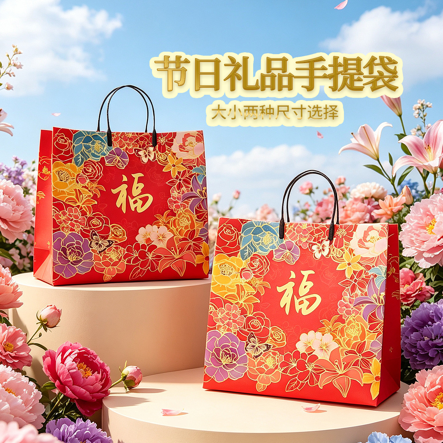 国风繁花福字月饼手提袋中秋节送礼礼品袋高端红色喜庆无纺布包装