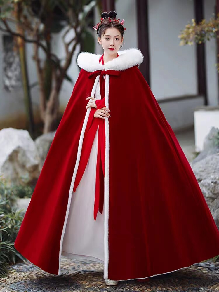 古装汉服女秋冬季斗篷长款加绒加厚大毛领仙气中国风绿色披风外套