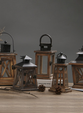 美式木头烛台欧式风灯蜡烛台家居装饰品圣诞节复古摆件