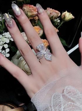 欧美新款蝴蝶结交叉戒指镶嵌锆石闪亮气质奢华指环戒子潮流介子女
