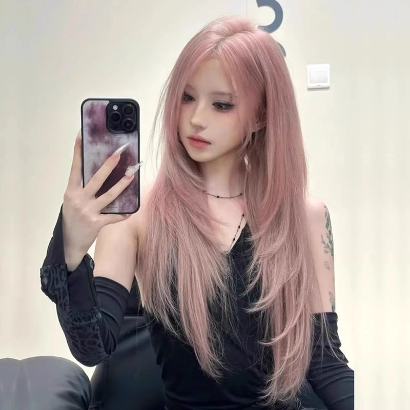粉色假发女长直发y2k辣妹全头套lolita洛丽塔cos中分高层次潮流