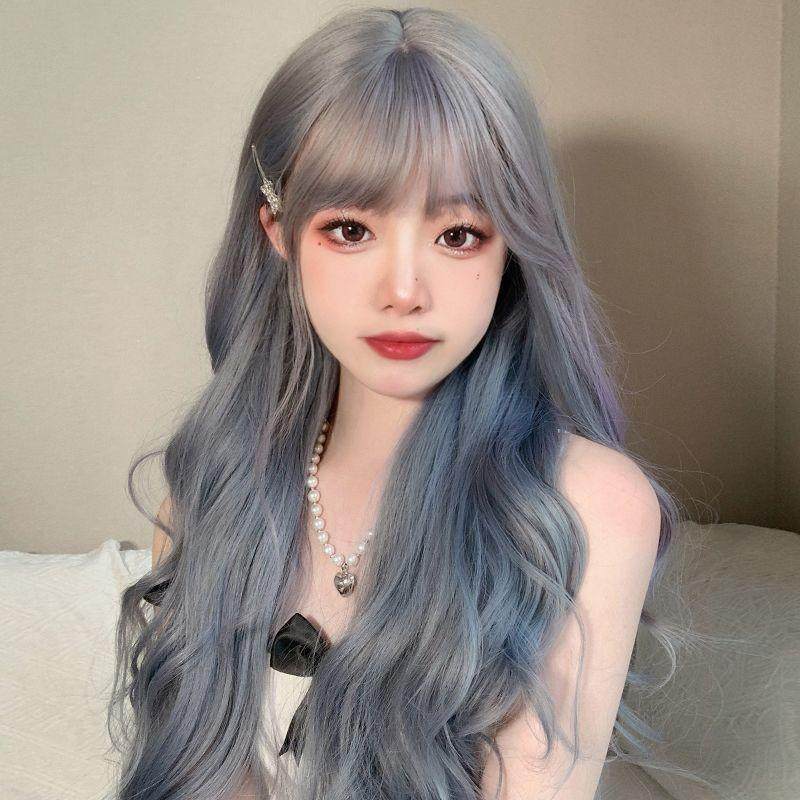 渐变蓝色大波浪长卷发紫色洛丽塔奶奶灰粉色挑染全头套式女仿真发