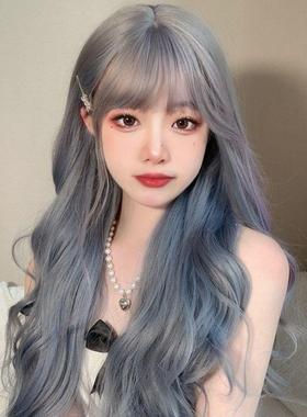 渐变蓝色大波浪长卷发紫色洛丽塔奶奶灰粉色挑染全头套式女仿真发