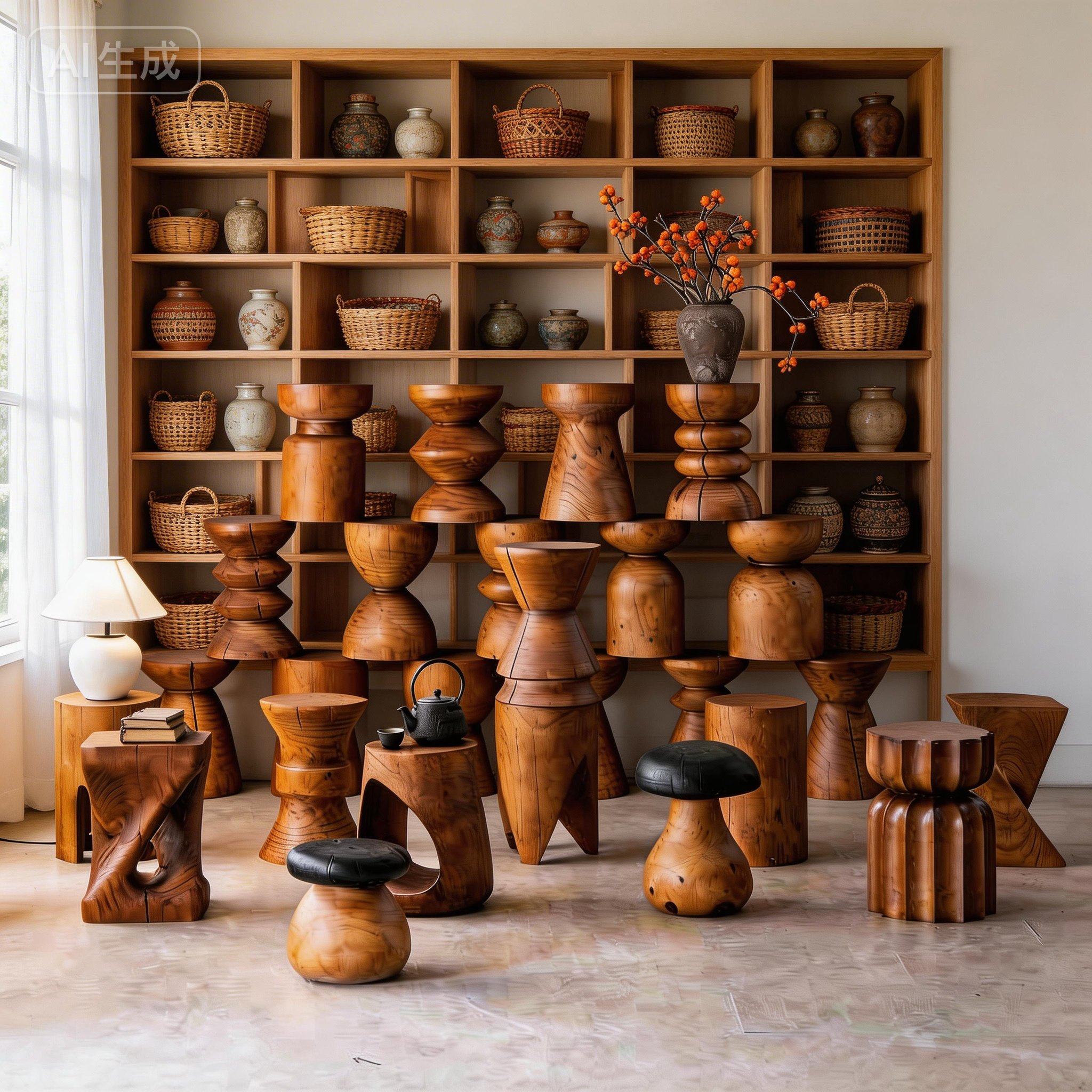 侘寂风碳化木墩实木圆凳原木凳子床头柜民宿设计师边几摆件换鞋凳