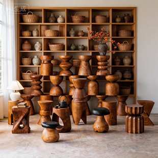 凳 侘寂风碳化木墩实木圆凳原木凳子床头柜民宿设计师边几摆件换鞋