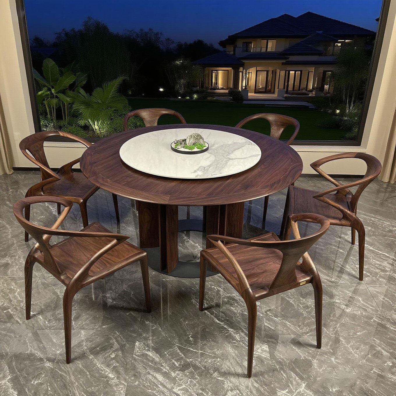 新中式黑胡桃白蜡木圆形餐桌椅组合民宿别墅饭桌家用客厅休闲茶桌