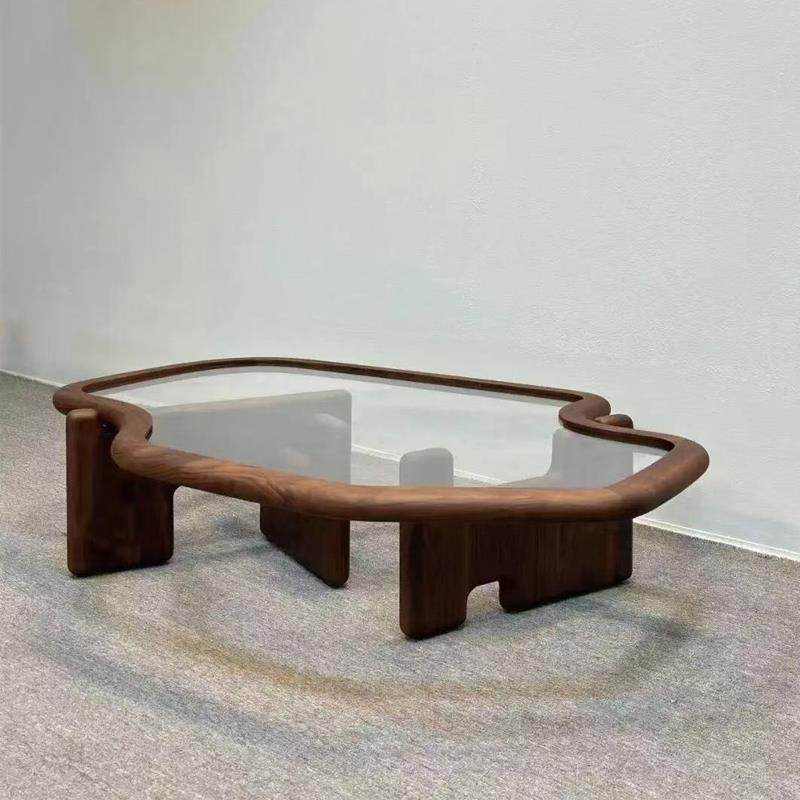 中古风实木茶几客厅艺术钢化玻璃小茶几极简不规则家用小户型茶台