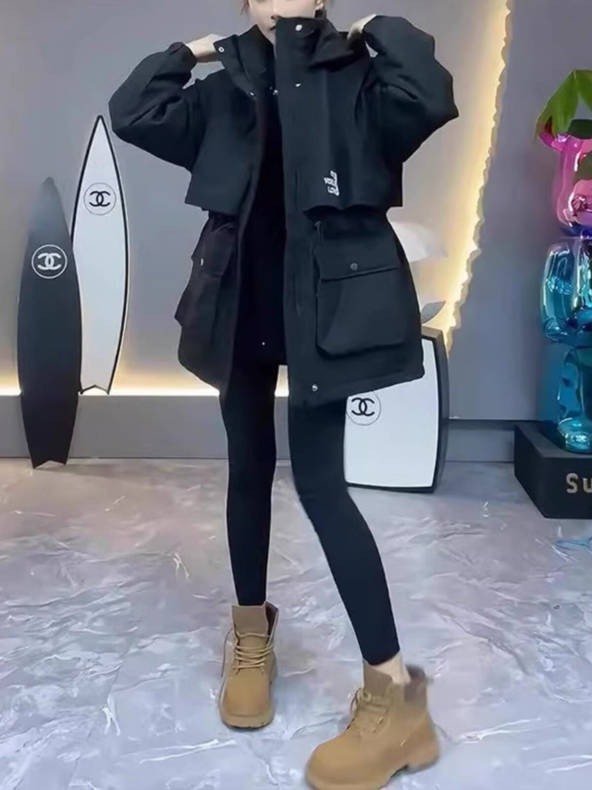 工装冲锋衣女春秋高端欧货中长款收腰女款保暖外套二棉棉服派克服