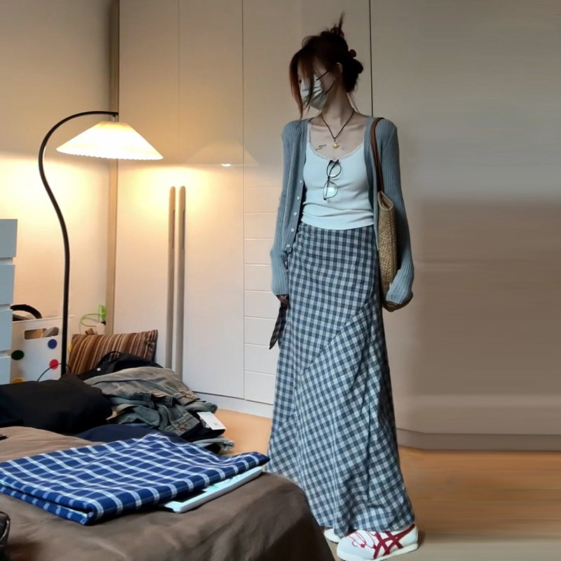 法式a字格子半身连衣裙子女秋季2024新款一整套入秋穿搭长裙套装