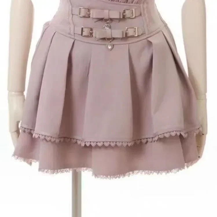 Harajuku Sweet Pink Ruched Faldas Mujer Double Bow Leather B