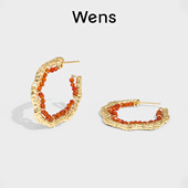 新年礼物 Wens红玛瑙肌理感圈圈耳环耳圈女度假风红色小众耳饰
