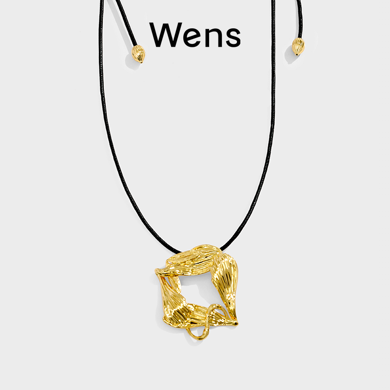 wens铜镀金女几何皮绳项链