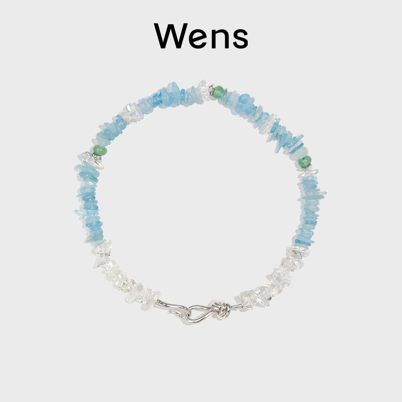 Wens天然石海蓝色串珠项链女夏日高级感不规则多巴胺颈链原创小众