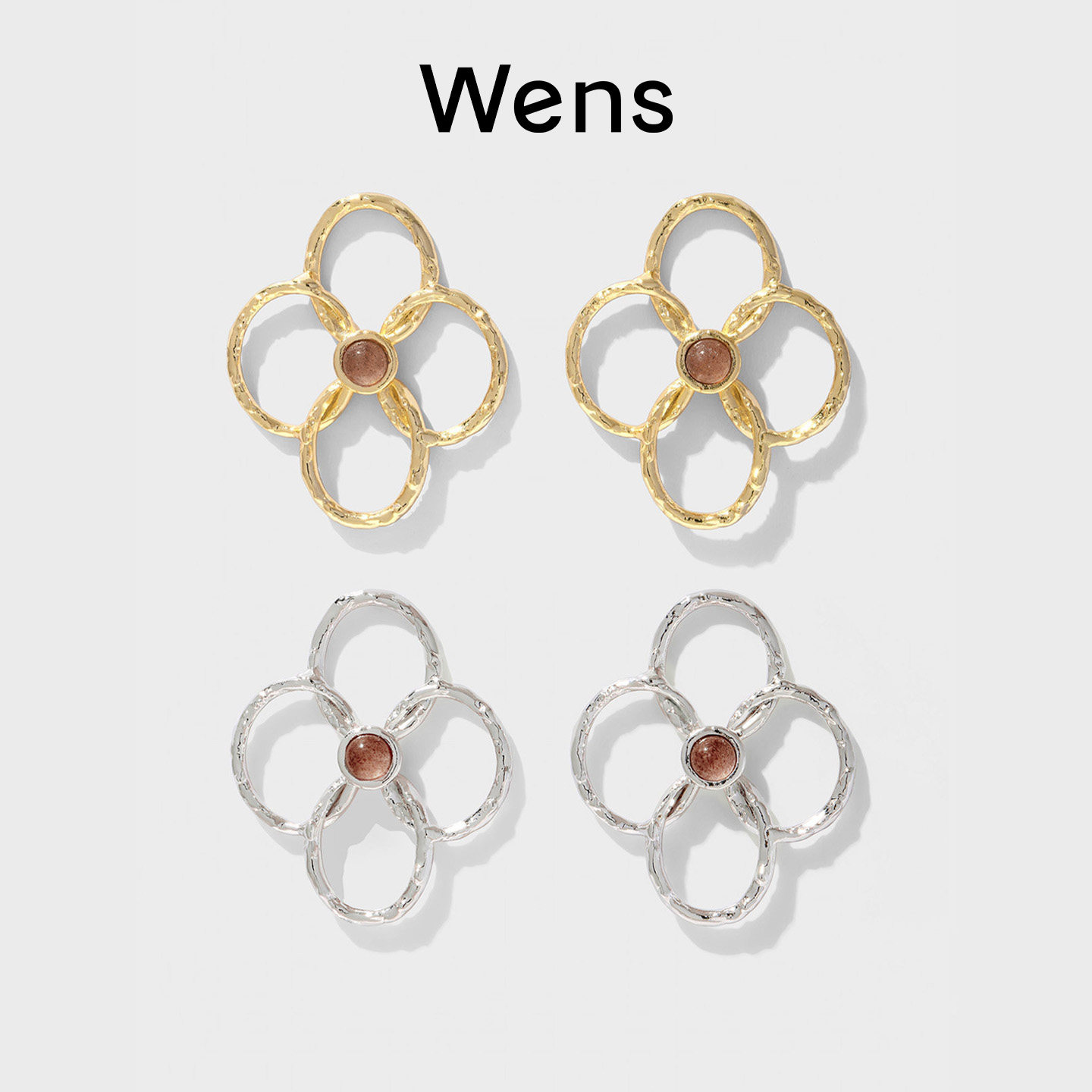 Wens【明星同款】花神系列镂空花朵镶石耳环女金银色生日礼物