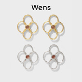 Wens 明星同款 花神系列镂空花朵镶石耳环女金银色生日礼物