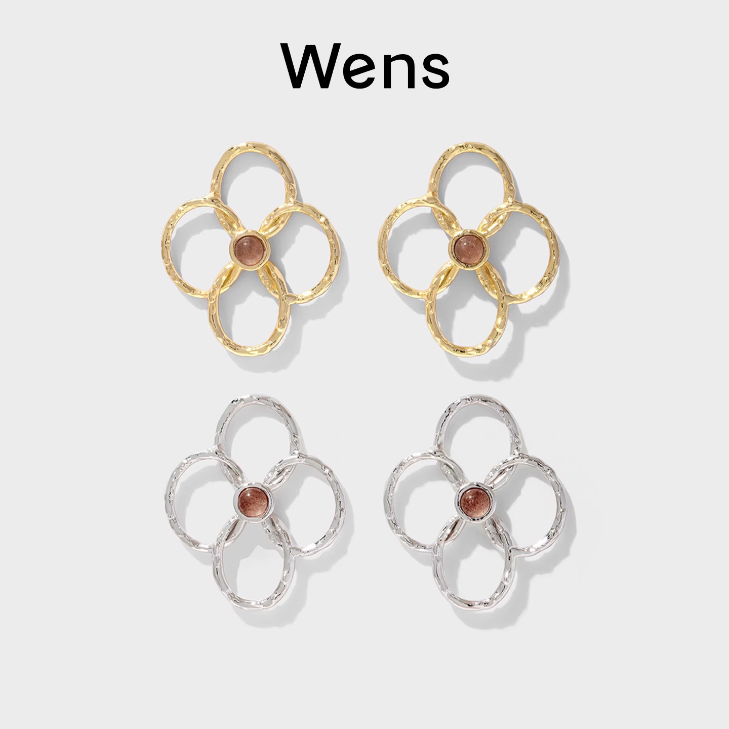 Wens【明星同款】花神系列镂空花朵镶石耳环项链女金银色生日礼物