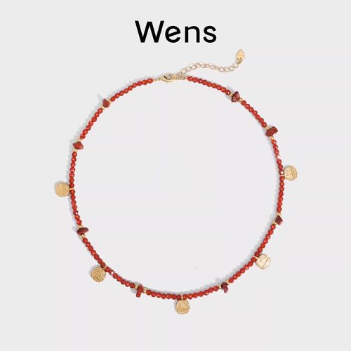 Wens KISS浮雕吊坠女红玛瑙串珠项链原创设计首饰红绳小众本命年