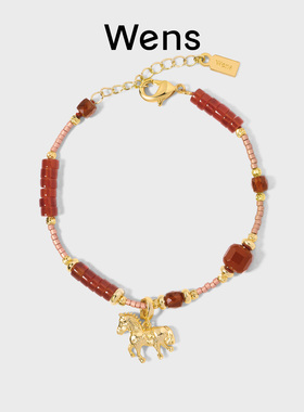 红玛瑙彩宝小福马吊坠串珠手链