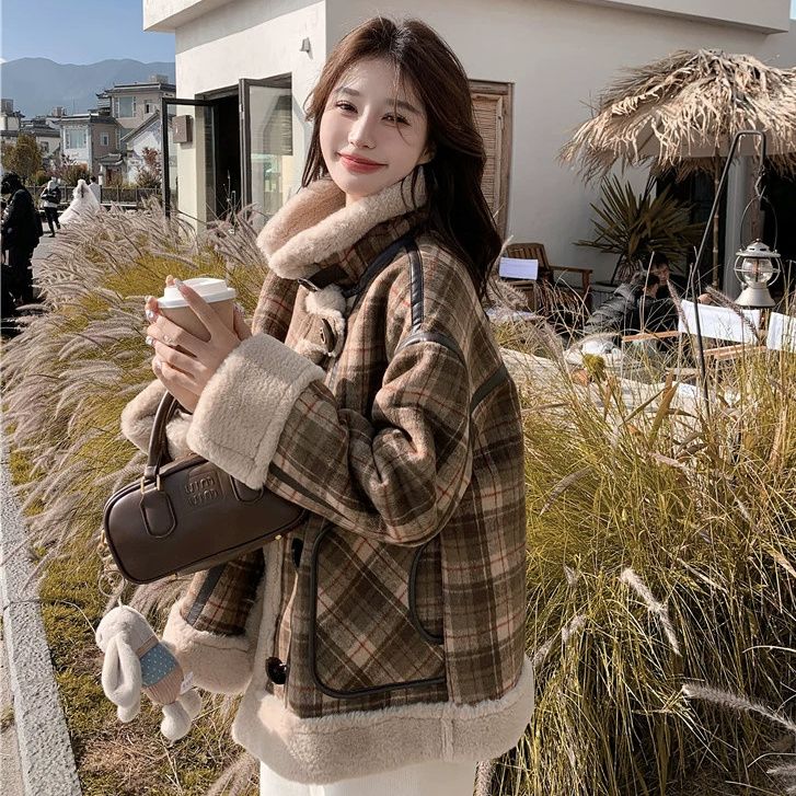 格子小个子加绒加厚羊羔