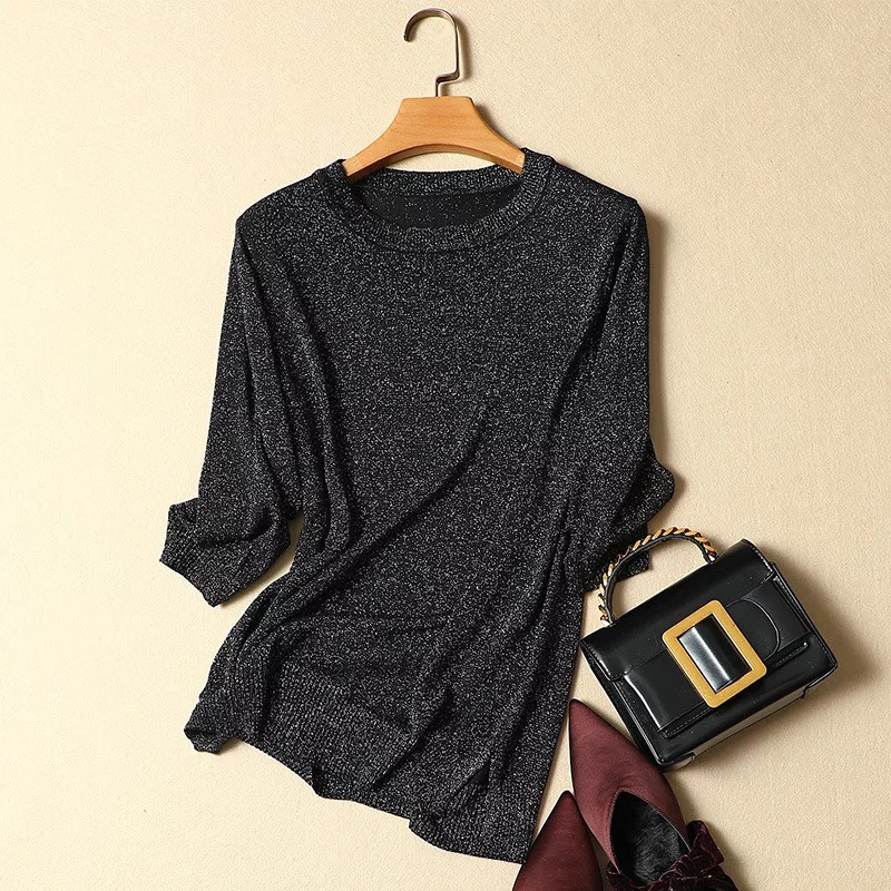 Breatable Elasticity Knitwear Top O-Neck Female Tsirt