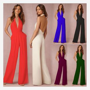 速卖通ebay爆款女装欧美新品纯色休闲低V 无袖挂脖露背阔腿连体裤