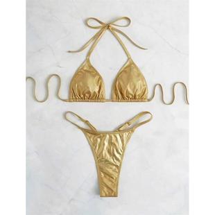 亮面金色性感丁字裤 分体泳衣酒吧演出服bikini 比基尼欧美三点式