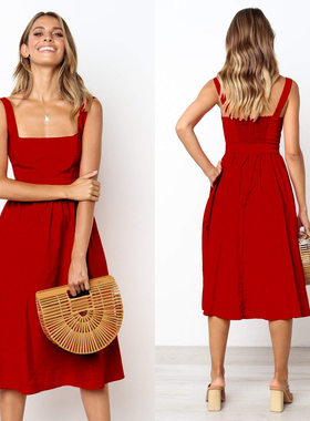 Casual Solid Tone Strap Dress Red Tank Top休闲吊带连衣裙背心