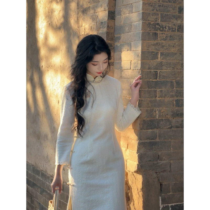 故双栖【白色风车】新中式加绒蕾丝旗袍女小个子民国大小姐秋冬款