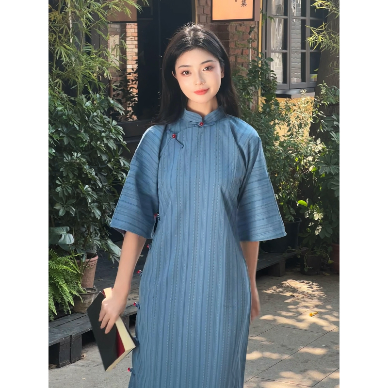 故双栖新中式古法蓝色旗袍女秋冬