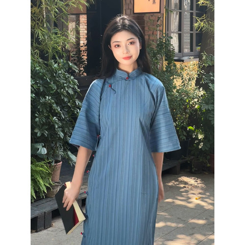故双栖新中式古法蓝色旗袍女秋冬
