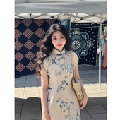 故双栖 日常可穿素雅连衣裙 绝美曳地旗袍女夏季 紫鸢 古法新中式