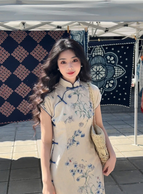 故双栖【紫鸢】古法新中式绝美曳地旗袍女夏季日常可穿素雅连衣裙