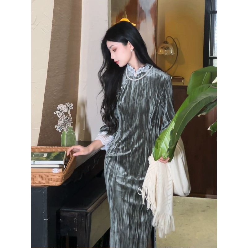 故双栖【空帆船】早秋丝绒旗袍长袖新中式复古民国风女装日常可穿