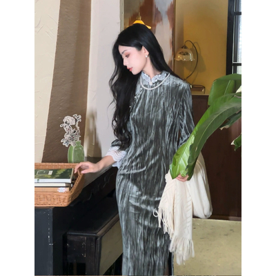 故双栖【空帆船】早秋丝绒旗袍长袖新中式复古民国风女装日常可穿